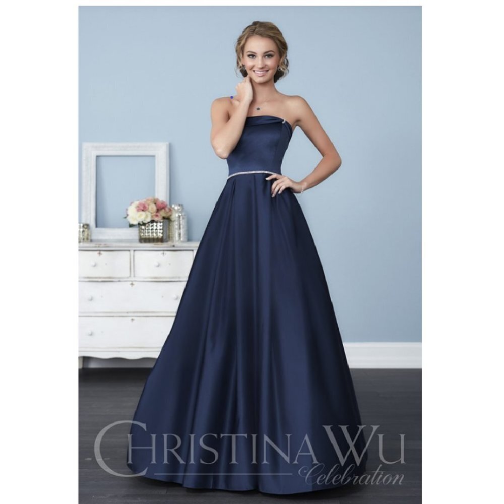 Christina Wu Navy Strapless Satin Maxi Gown